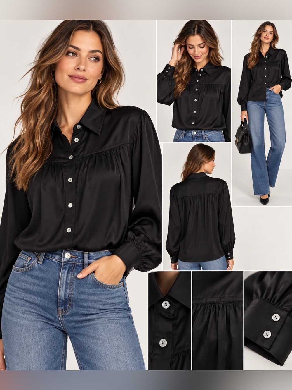 AYR The New Age Black Silk Blend Gathered Button Down Blouse M